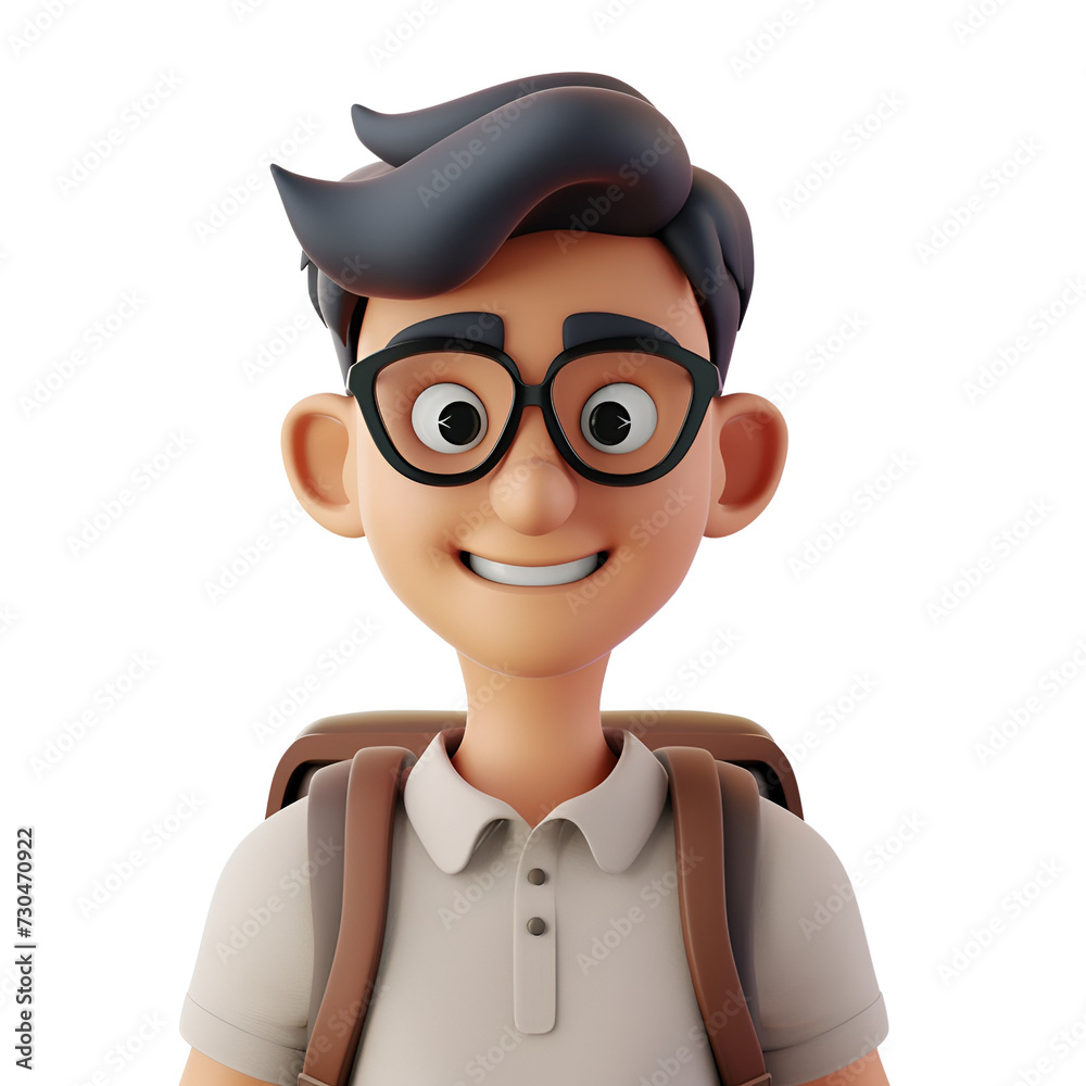3D Render of a University Student: Cute Cartoon Character of a Smiling Young Man, Isolated on Transparent Background, PNG