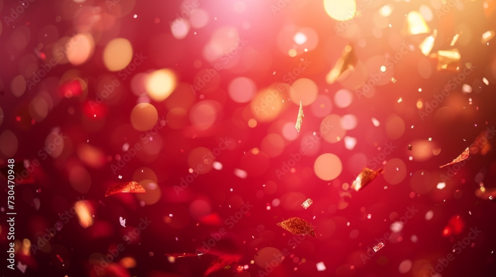 Bokeh-style confetti scattered elegantly on a dynamic red backdrop generative ai