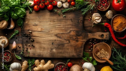 Food cooking background, ingredients for preparation vegan dishes, vegetables, roots, spices, mushrooms and herbs. Old cutting board. Healthy food concept - generative ai