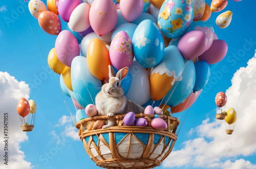 Illustration of easter bunny with Easter eggs flying in hot air balloon photo