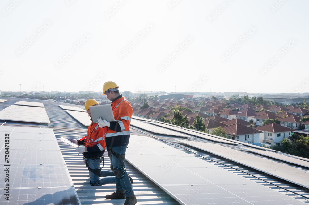 Engineering technician professional trained in skills and techniques installing solar photovoltaic panels system, engineer service check installation solar cell on factory roof, technology solar cell