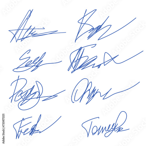 Hand written signature. Different example signatures isolated in white background. Vector illustration set of hand drawn name imprint