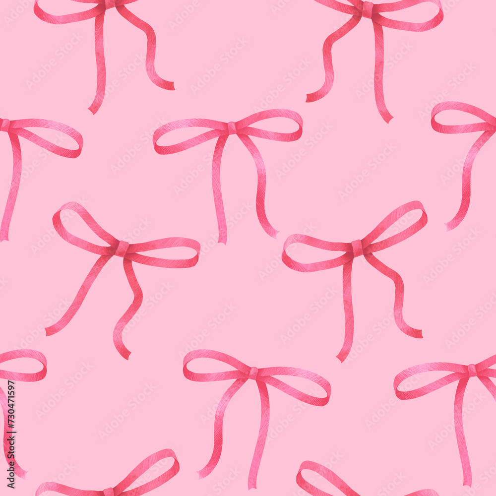 Cute thin pink bows on light pink background seamless pattern. Girly girl, coquette aesthetic