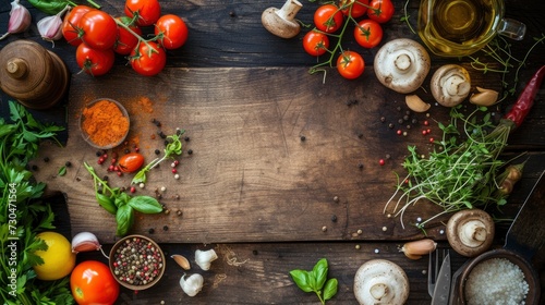 Food cooking background, ingredients for preparation vegan dishes, vegetables, roots, spices, mushrooms and herbs. Old cutting board. Healthy food concept - generative ai