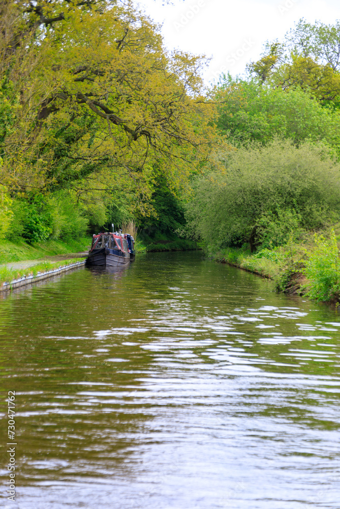 A Peaceful Day at the English Canal with a Moored Boat Amidst the Lush Green Forest A Peaceful Day at the English Canal with a Moored Boat Amidst the Lush Green Forest