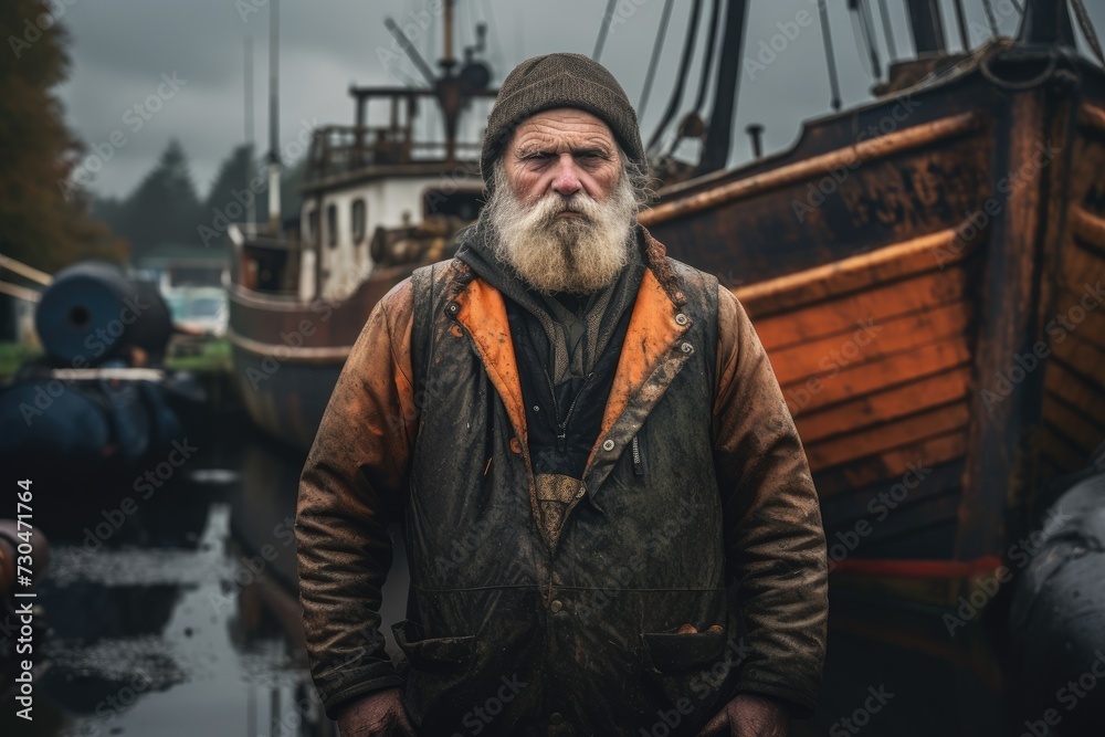 Professional industrial nordic fisherman or sailor on the ship in the fishing harbor. Happy smiling male fisher in scandinavian port. Commercial fishing concept