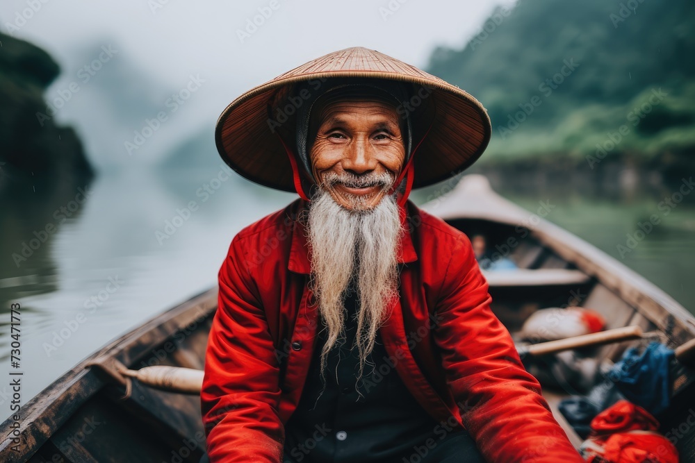 Traditional asian fisherman or sailor on the ship in the fishing harbor. Happy smiling male Vietnam fisher in port. Cultural fishing concept Traditional asian fisherman or sailor on the ship in the fishing harbor. Happy smiling male Vietnam fisher in port. Cultural fishing concept