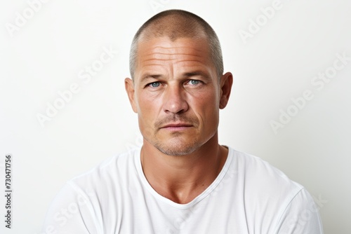 Portrait of a man in a white t-shirt on a white background