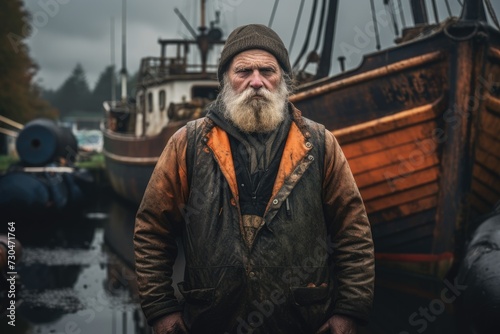 Professional industrial nordic fisherman or sailor on the ship in the fishing harbor. Happy smiling male fisher in scandinavian port. Commercial fishing concept