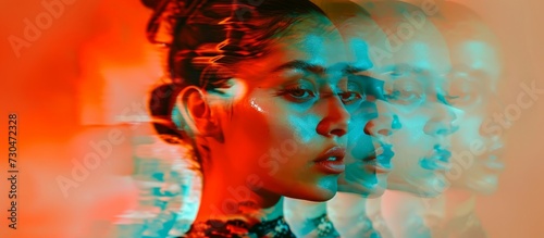 Multiple portrait with glitch effect, abstract beauty photo of a young female model posing, showcasing youth culture and fashionable people.