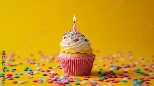 a birthday cake decorated with colorful sprinkles and a single candle. generative ai