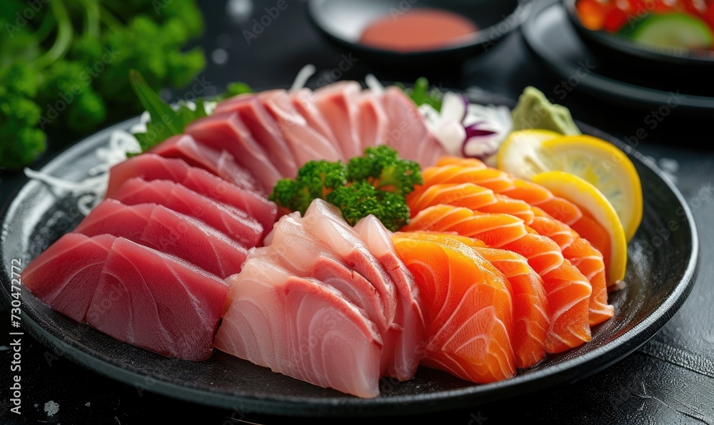 Sashimi platter with salmon, tuna, tuna, sashimi and wasabi on dark background Sashimi platter with salmon, tuna, tuna, sashimi and wasabi on dark background