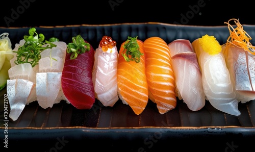 Raw fresh salmon sashimi served on black plate, Japanese food style