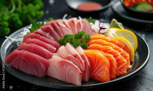 Sashimi platter with salmon, tuna, tuna, sashimi and wasabi on dark background
