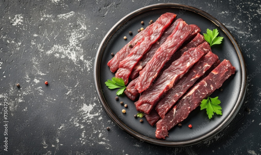beef jerky with spices and herbs on black background, top view, space for text beef jerky with spices and herbs on black background, top view, space for text