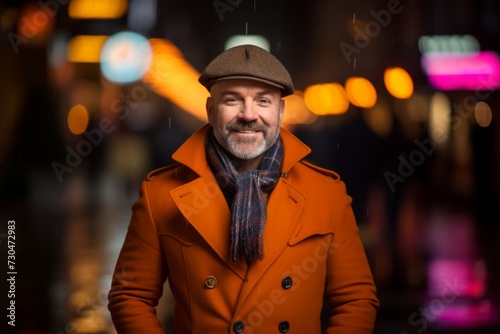 Handsome man with raincoat and hat on unfocused city background © Loli