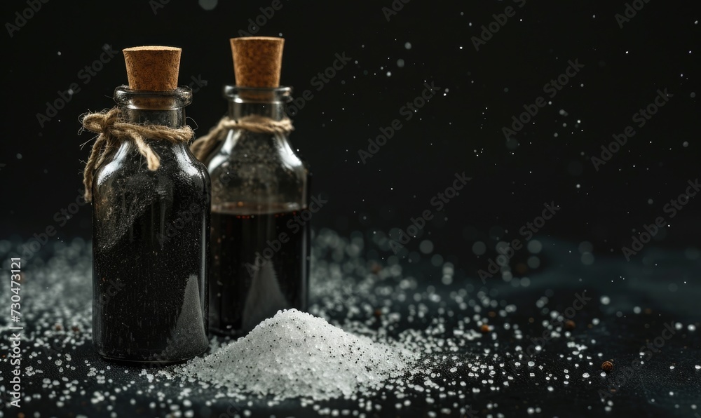 Bottles of oil with salt on black background. Selective focus. Bottles of oil with salt on black background. Selective focus.