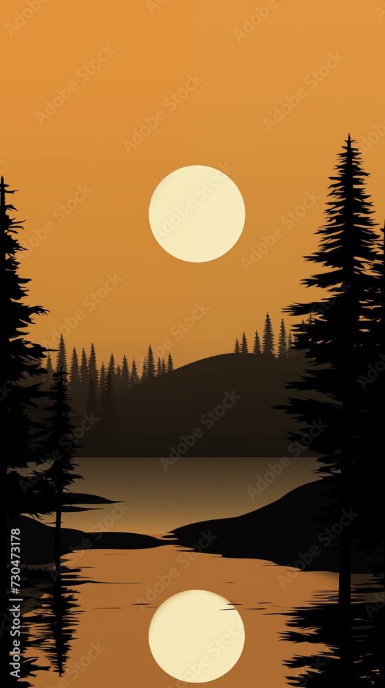 A minimalist sunset with a large, pale sun hovering over a silhouetted forest and its reflection on the calm water, under an orange sky A minimalist sunset with a large, pale sun hovering over a silhouetted forest and its reflection on the calm water, under an orange sky