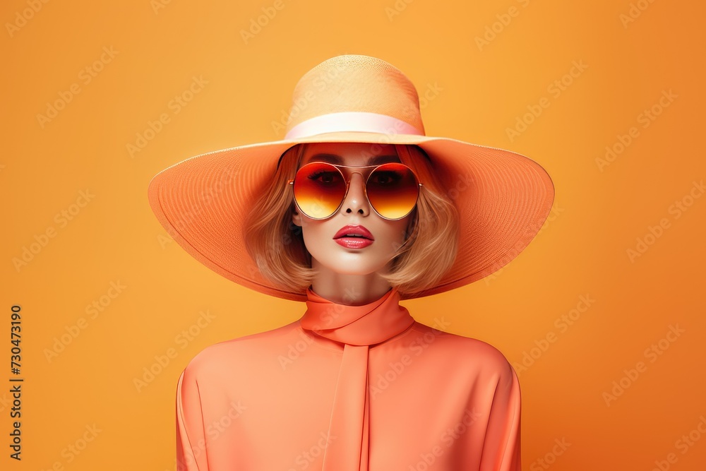 Elegant lady in wide brimmed hat with red lips makeup on orange background. Young and beautiful woman is ready for vacation or party. Retro fashion concept. Banner with copy space. Peach color Elegant lady in wide brimmed hat with red lips makeup on orange background. Young and beautiful woman is ready for vacation or party. Retro fashion concept. Banner with copy space. Peach color