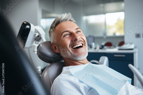 Portrait of happy male patient sitting in dental chair at dental clinic