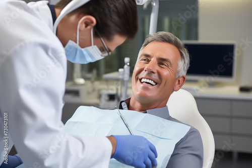 Portrait of smiling male patient sitting in dental chair while dentist examining his teeth