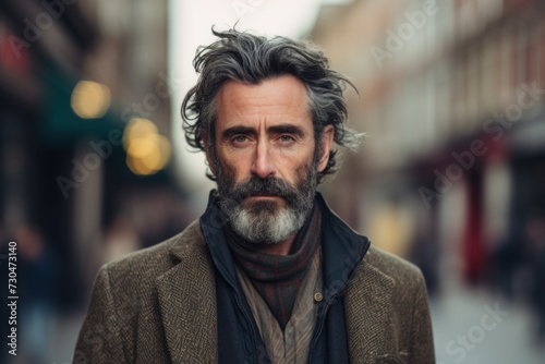 Portrait of a handsome middle-aged man with long gray hair and beard in the city