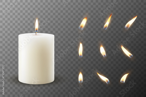 Vector 3D Realistic Paraffin Wax Burning Party Spa Candle and Burning Flame Set Closeup Isolated. Candle, Candle Flame Design Template for Relaxation, Wellness, and Celebration Concept, Front View