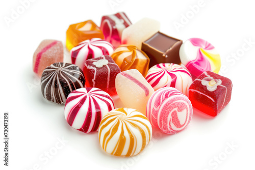 An array of colorful candies including swirl lollipops, gummies, and chocolates, scattered on a white background.