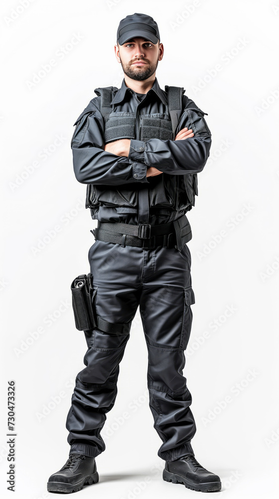 A professional security personnel stands confidently, adorned in full tactical gear, ready for duty. The individual’s face is not visible, emphasizing the uniform and equipment. A professional security personnel stands confidently, adorned in full tactical gear, ready for duty. The individual’s face is not visible, emphasizing the uniform and equipment.