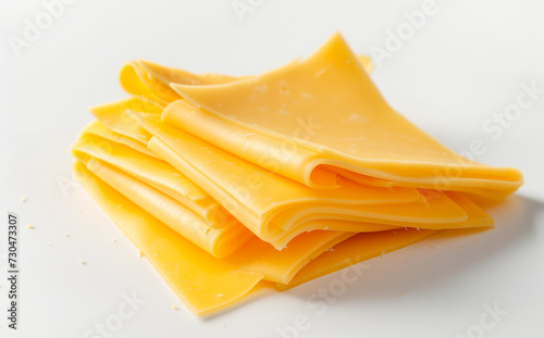 A close-up image showcasing a stack of sliced cheddar cheese, neatly arranged, displaying its vibrant yellow color and texture.