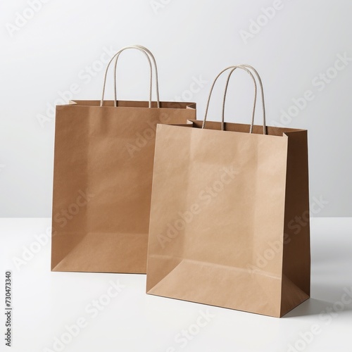 On a white background, mockups of recycled paper shopping bags are showcased with minimalistic aesthetics
