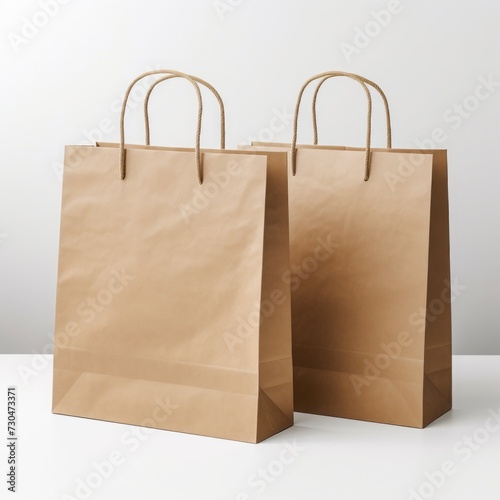 Recycled paper shopping bags presented in a mockup against a white backdrop, featuring a minimalist design.