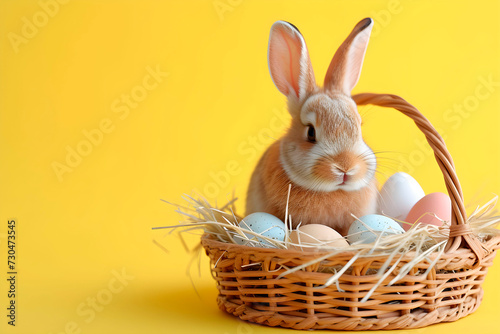 A little rabbit is sitting in a wicker basket with eggs on a yellow background. Easter Day. © Эльвира Трощенкова