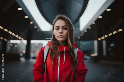 Portrait of a beautiful young woman in a red jacket with a backpack.