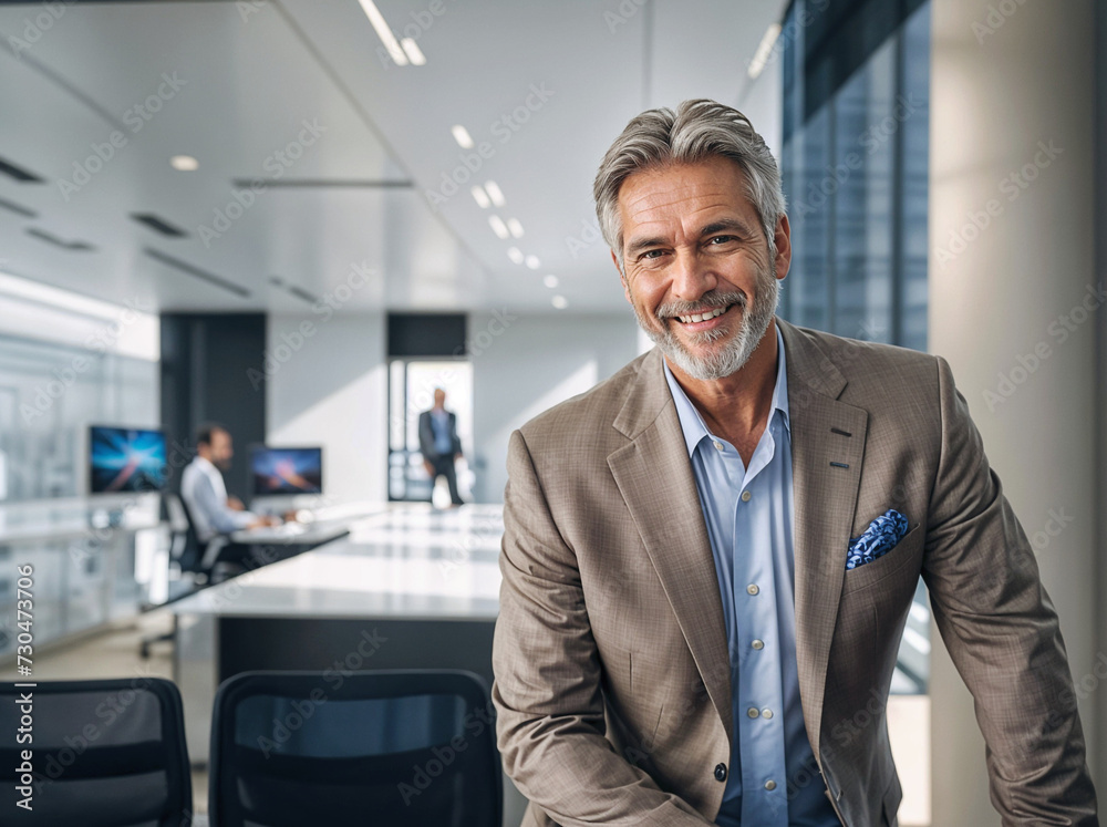 Obraz premium portrait of a successful businessman consultant looking at camera and smiling inside modern office