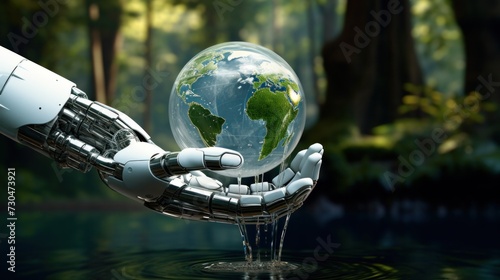  A robot hand gently holding a transparent globe against a forest backdrop. Eco concept, ecology, clean energy and environment. 