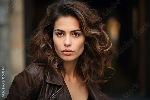 Portrait of a beautiful brunette woman in a leather jacket.