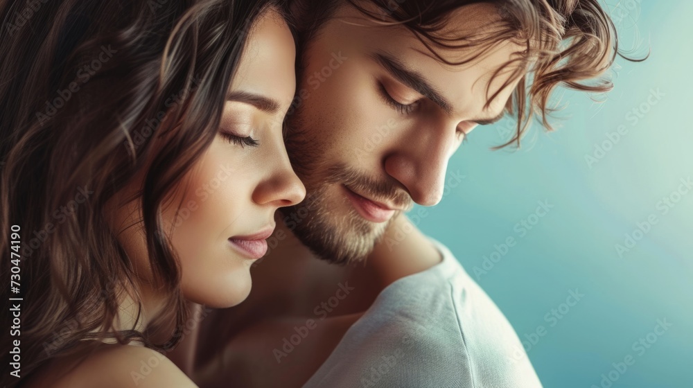 couple sharing a romantic moment, in front of a dreamy pastel blue studio background generative ai