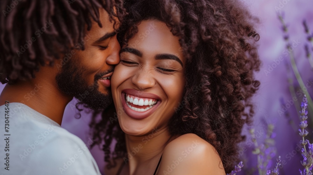 Close-up of a happy couple sharing a moment of laughter, set against a romantic lavender studio background generative ai Close-up of a happy couple sharing a moment of laughter, set against a romantic lavender studio background generative ai