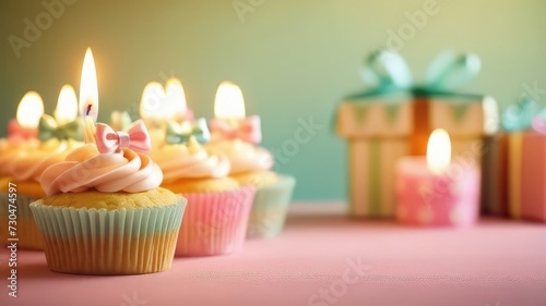 Birthday concept.Festive multi-colored cakes with candles and gift boxes in a cozy atmosphere on a pink table on a light green background