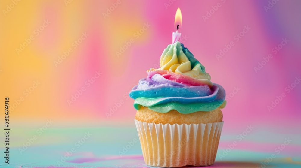 Close-up shot of a celebratory cupcake with rainbow-colored frosting and a single candle generative ai