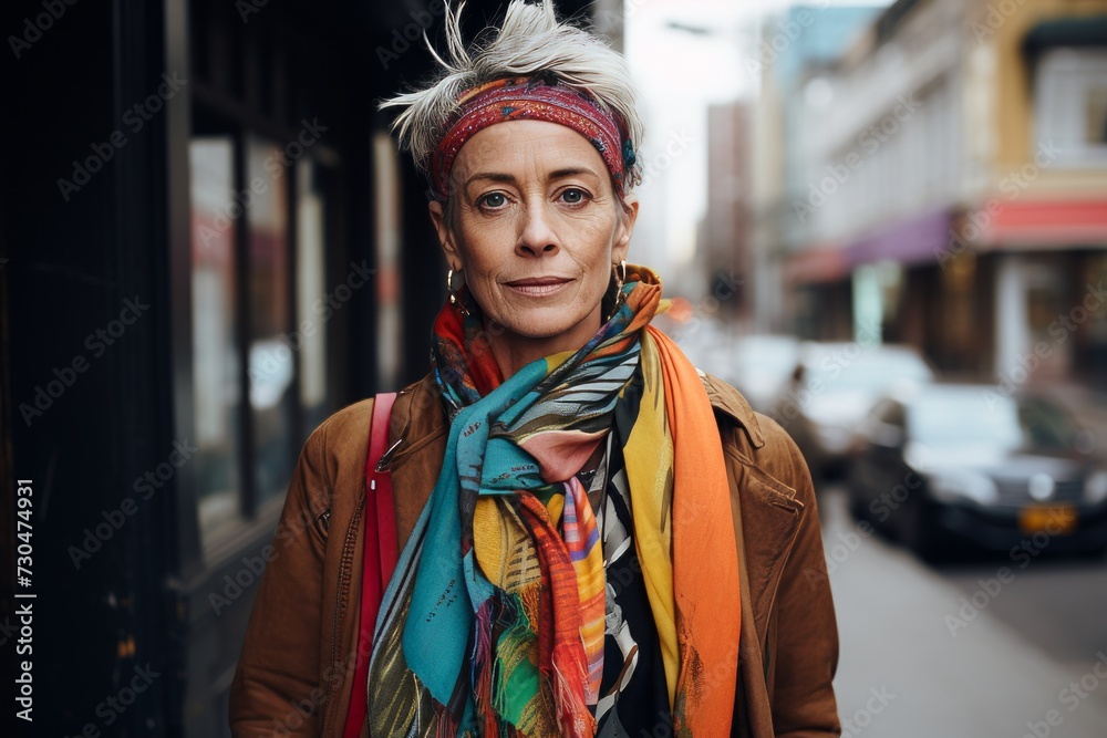 Portrait of mature woman with colorful scarf in the city street.