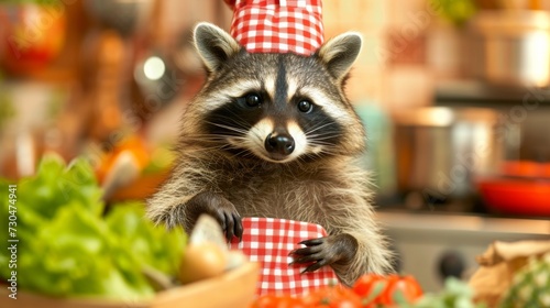 A raccoon wearing a chef hat and holding up a plate of food, AI