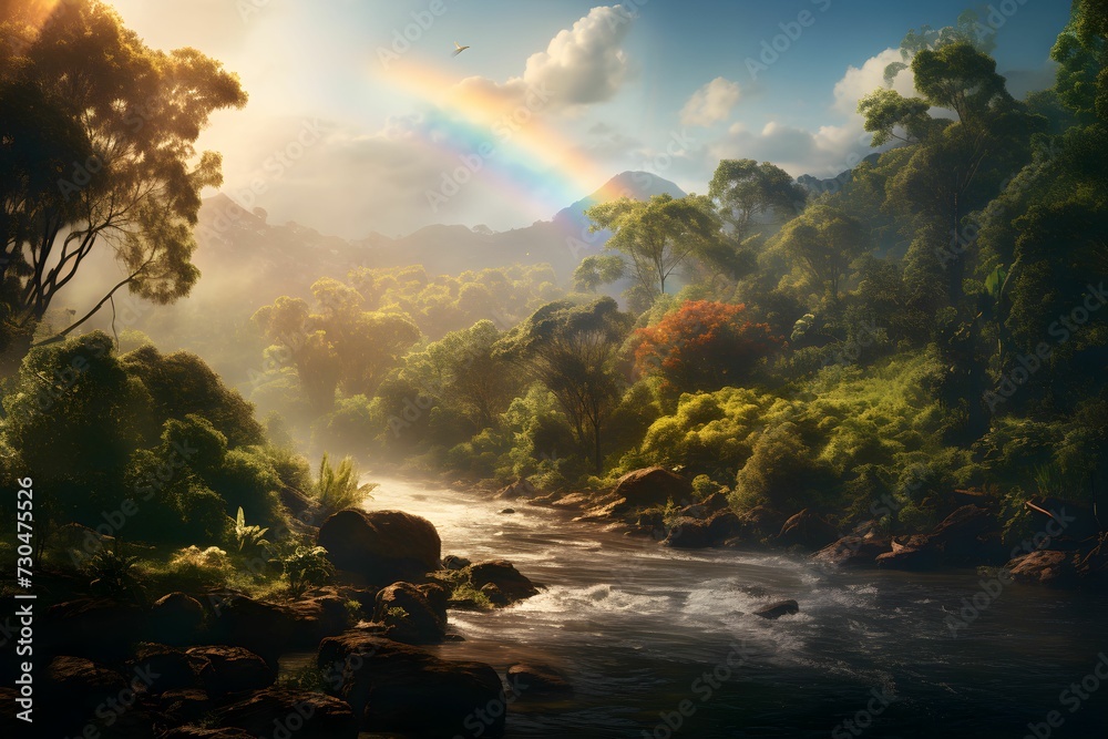 Silhouette of a person standing by a calm river, observing a faint rainbow Silhouette of a person standing by a calm river, observing a faint rainbow