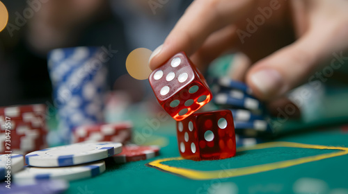 A person playing a game with red dice. A gambler betting everything on a single roll of the dice.