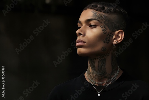 Brutal handsome gangster man with tattooed face. Young tattooed rap singer or break dancer on black background. Subculture concept photo