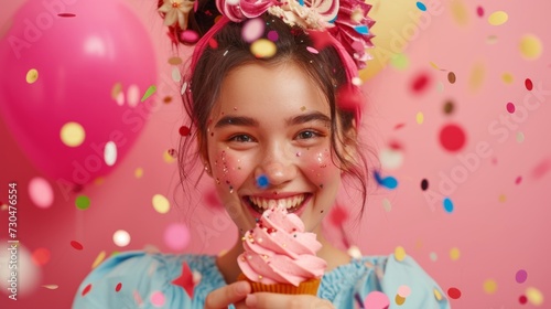 Close-up shot of a young woman with a joyful expression, surrounded by vibrant confetti, holding a cupcake generative ai