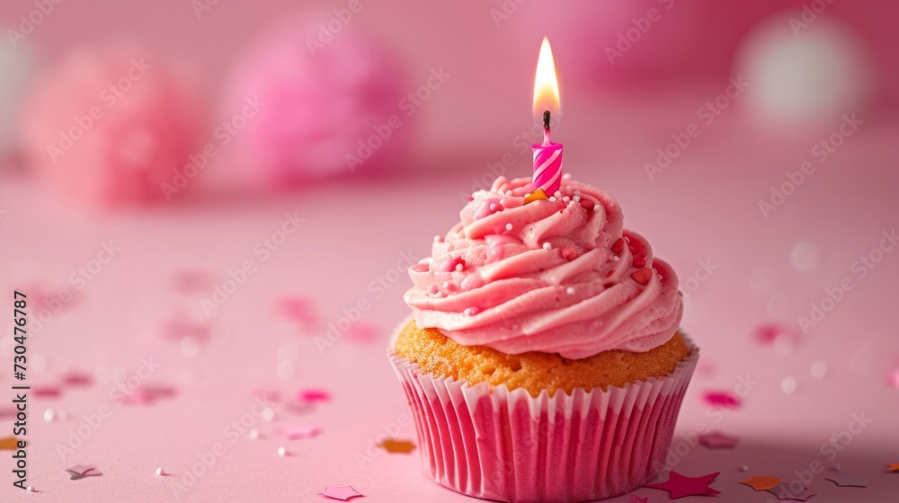 Close-up view of a delightful birthday cupcake with vibrant pink frosting, adorned with a single candle generative ai Close-up view of a delightful birthday cupcake with vibrant pink frosting, adorned with a single candle generative ai