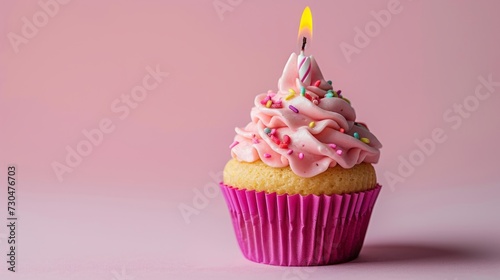 Close-up view of a delightful birthday cupcake with vibrant pink frosting  adorned with a single candle generative ai