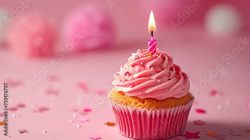 Close-up view of a delightful birthday cupcake with vibrant pink frosting  adorned with a single candle generative ai